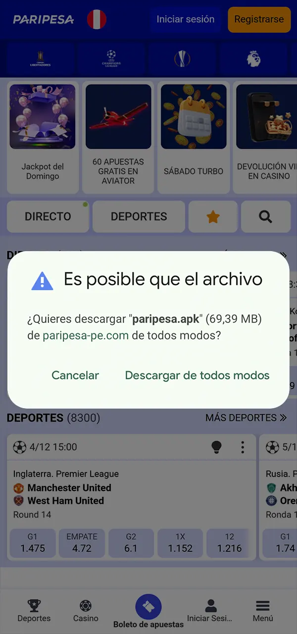 Confirma la descarga de la aplicación Android PariPesa y empieza a jugar.
