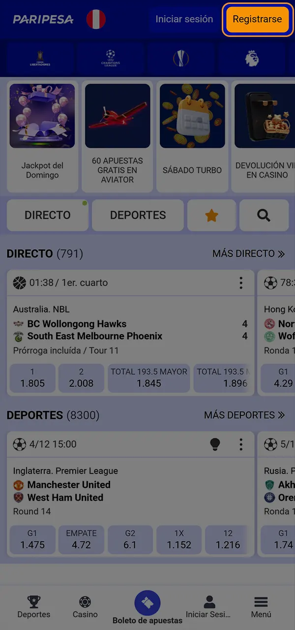 Regístrate en la aplicación iOS PariPesa y accede a las apuestas y los juegos.