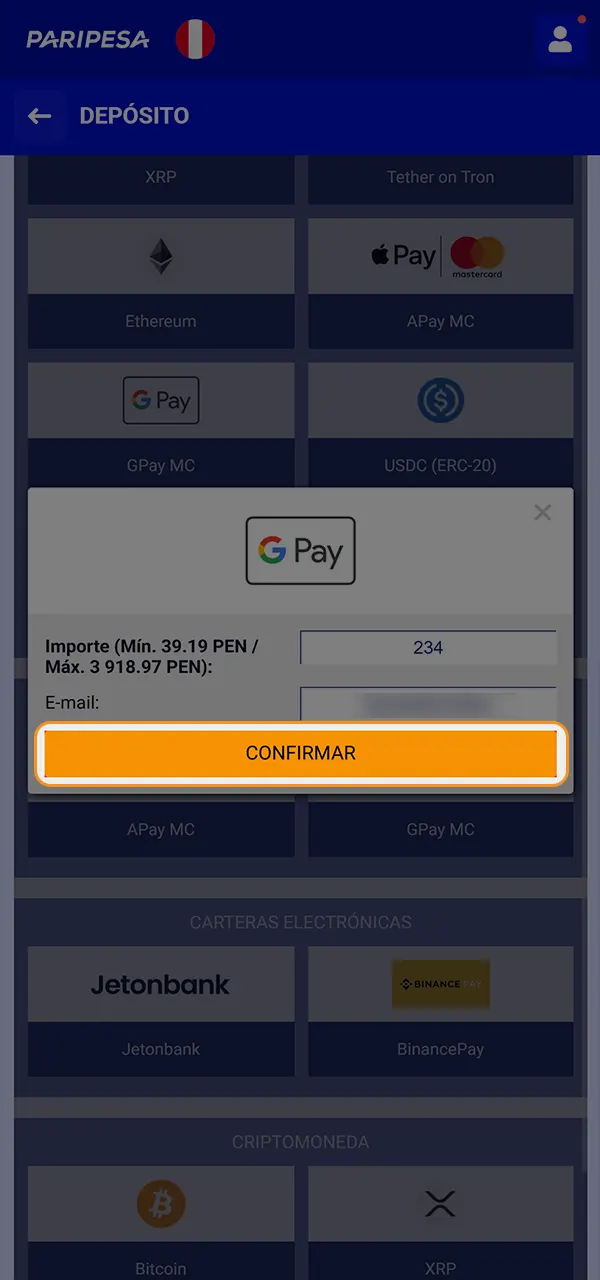 Paga el depósito en PariPesa con el código promocional y comprueba tus bonificaciones.