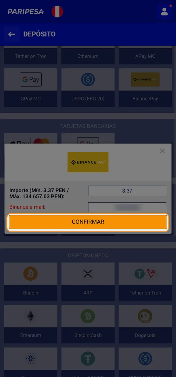 Completa tu depósito en PariPesa y empieza a jugar.