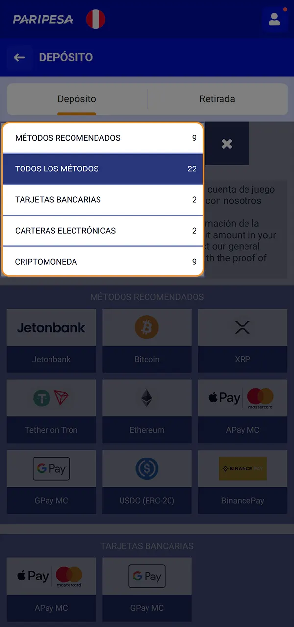 Elige el método de depósito en PariPesa y haz tu apuesta.