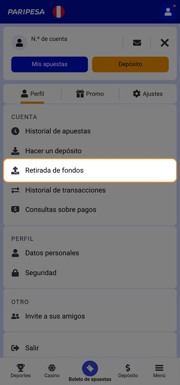 Inicie sesión en su cuenta de PariPesa y solicite el retiro de fondos.
